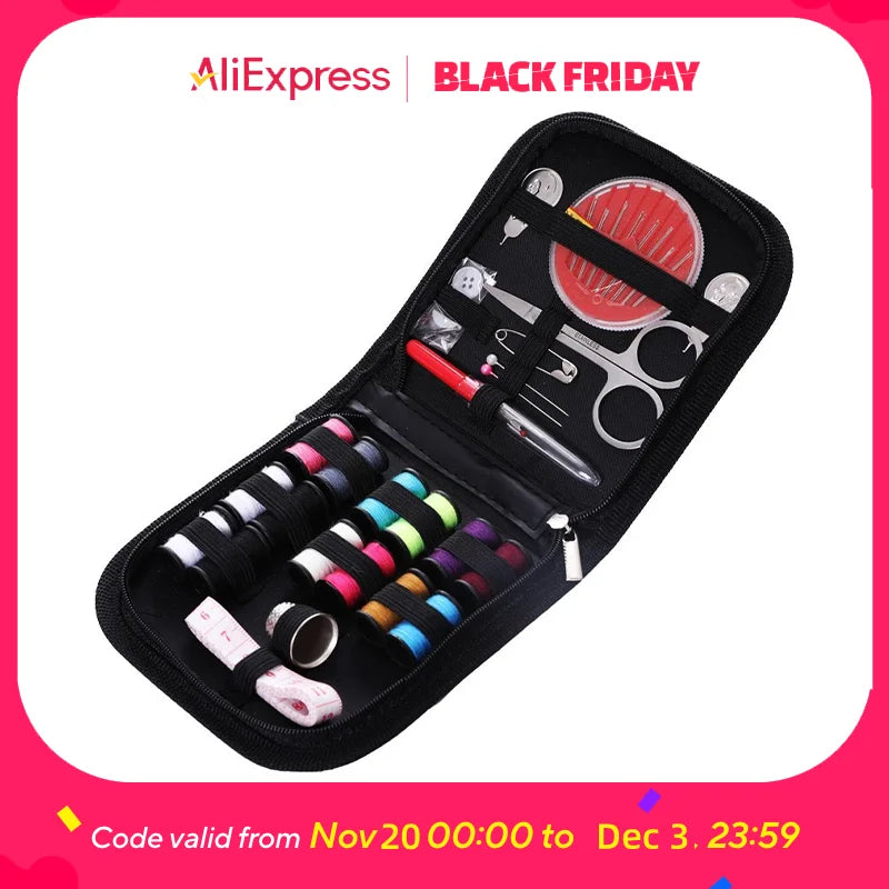 Portable Sewing Kit Thread, Needles, Buttons, Scissors, Compact Case For Travel, Home, Emergencies (Black,)