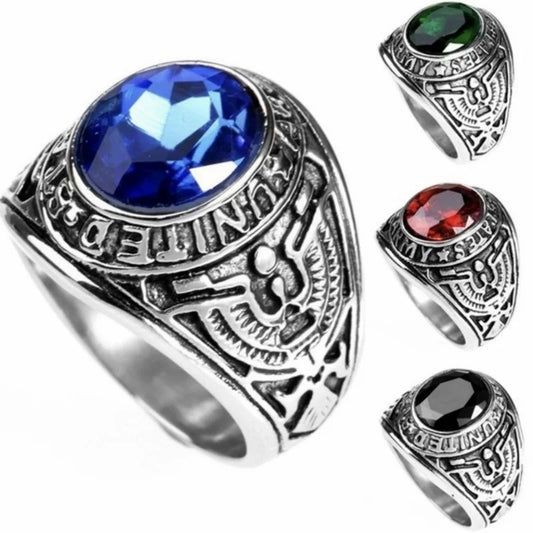 Alloy Ring American Soldier Retro Eagle Set with Red, Blue, Black, and Emerald Ring