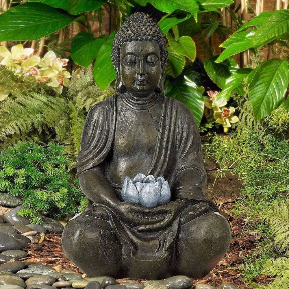 Sitting Buddha Statue Sculpture, Solar Powered LED Lights, Outdoor Front Porch Terrace Courtyard, Brown Bronze Veneer Resin