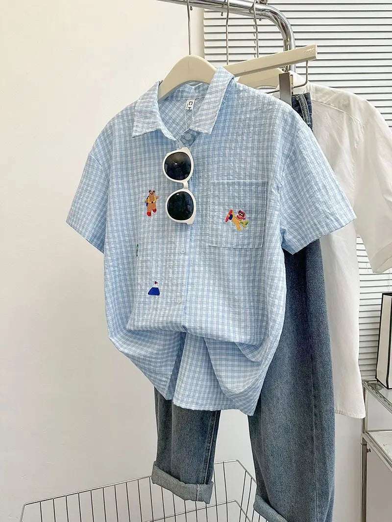 2025 Women Plaid Short Sleeve Shirt Vintage Summer New Harajuku Turn Down Collar Blusas Cartoon Embroidery Loose Ladies Blouse