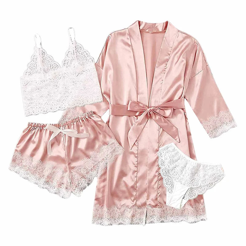 WoMen's Summer Cute Pajama Pants Set 4 Pieces Lace Satin With Silk Sleepwear Robe Fashion And Comfortable Nightwear