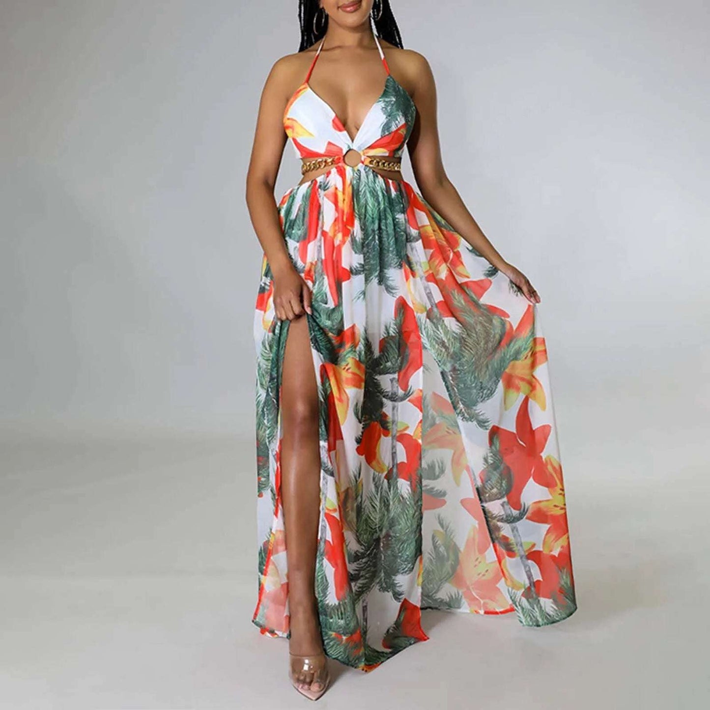 Floral Print Maxi Dress For Womentylish French Halterneck Summer Dress Mid Length Camisole Dress Elegant High Split Dress