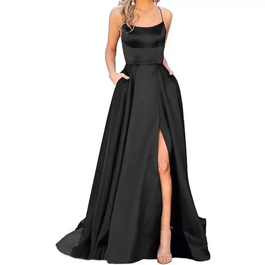 Women Banquet Slit Long Dress 2024 New Bridesmaid Dress With Small Tail Suspender Solid Color Banquet Evening Dress Long Dress