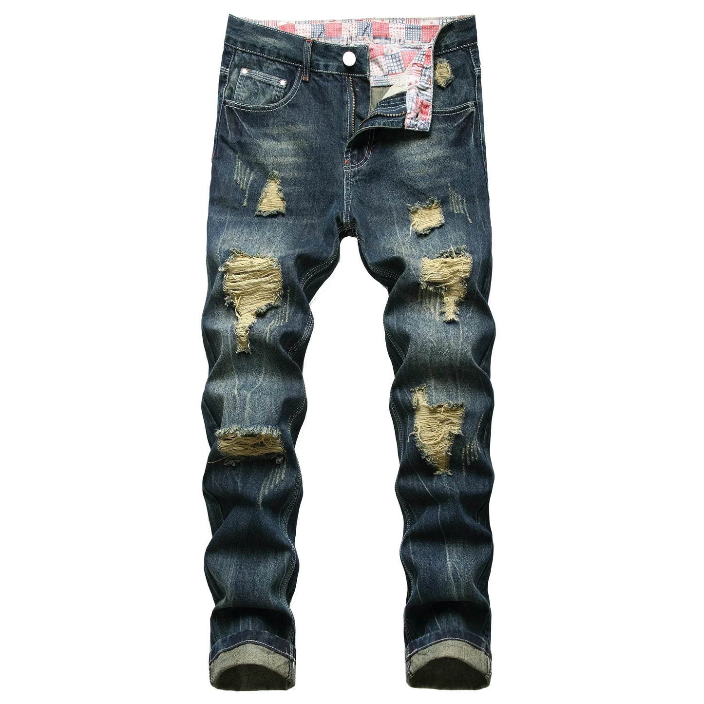 Men's Denim Jeans with Holes: Dark Blue Waistband with Straight Fit and No Stretch, Retro Style Long Jeans 928
