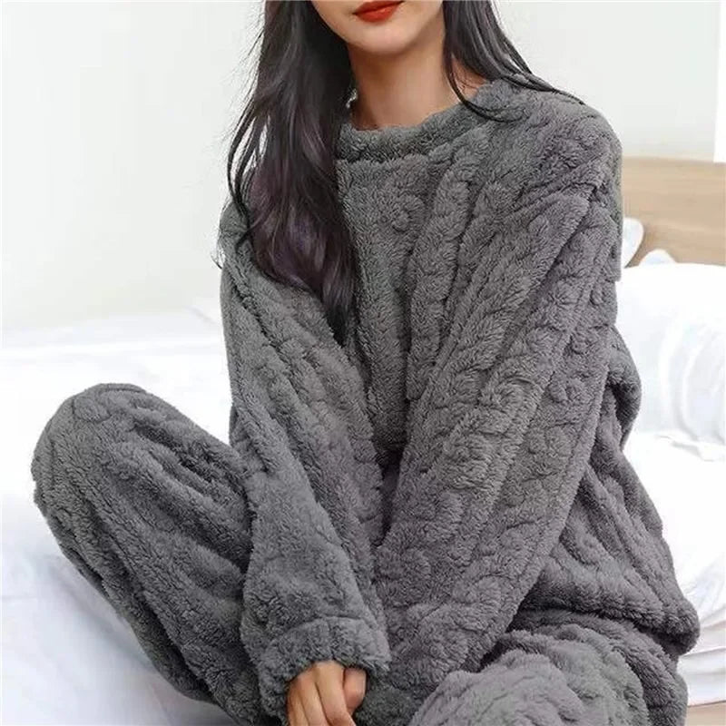 Women'S Winter Coral Velvet Pajamas Set Thickened Fluffy O-Neck Two-Piece Homewear Loungewear Leisure Pajamas For Cold Weather
