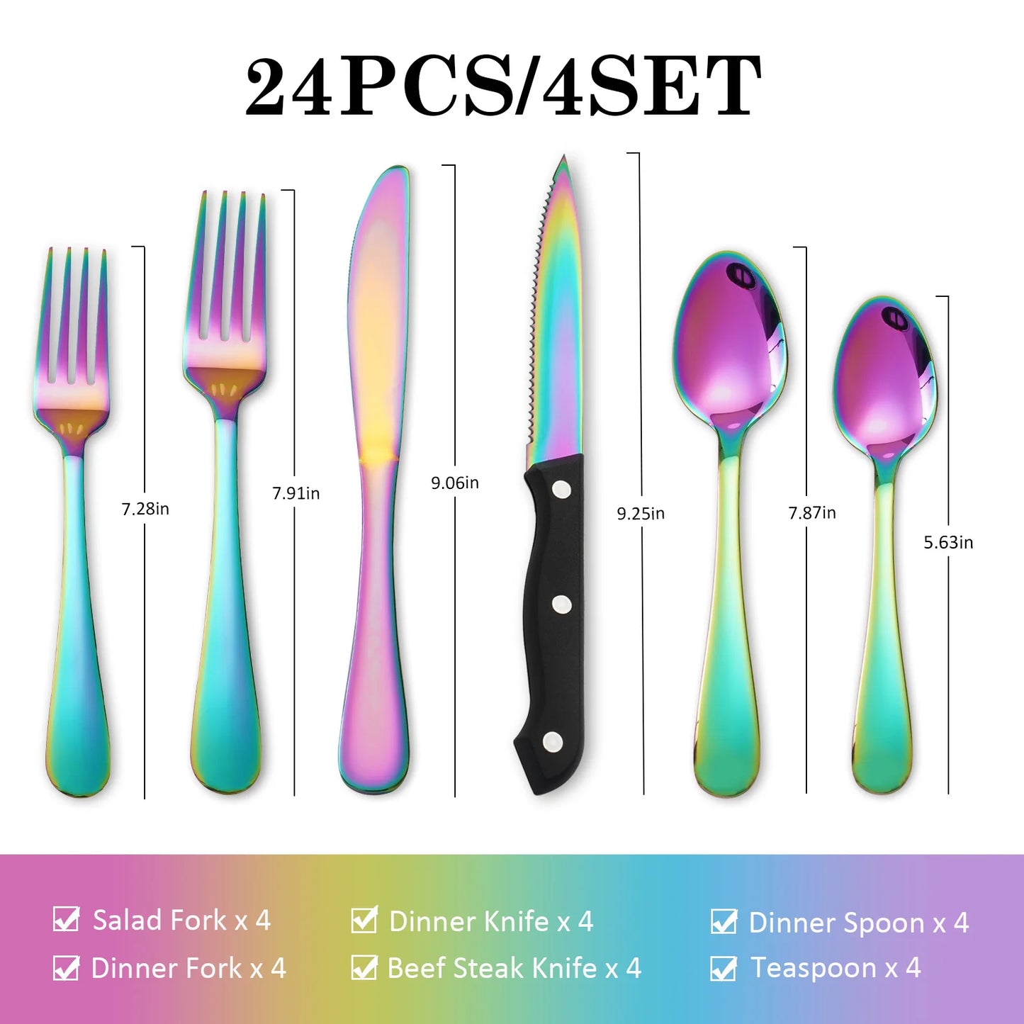 Koomade 24 Pcs Rainbow Silverware Set Service For 4 Stainl Steel Flatware Serving Set Cutlery Set Knife Fork And Spoon