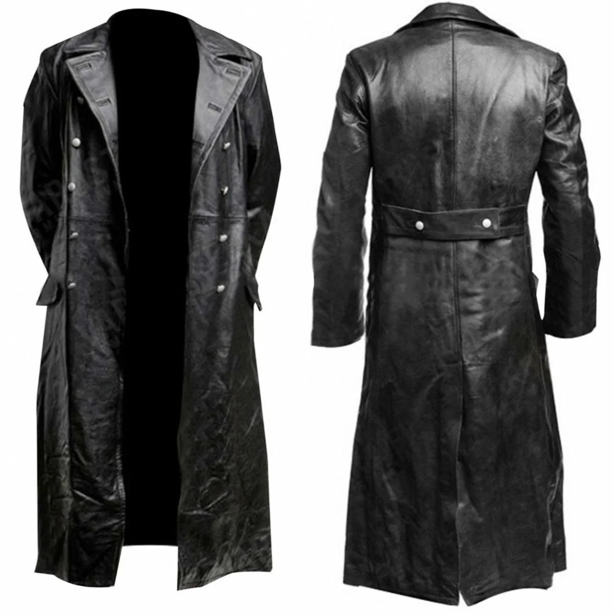 Men's GERMAN CLASSIC WW2 MILITARY UNIFORM OFFICER BLACK LEATHER TRENCH COAT