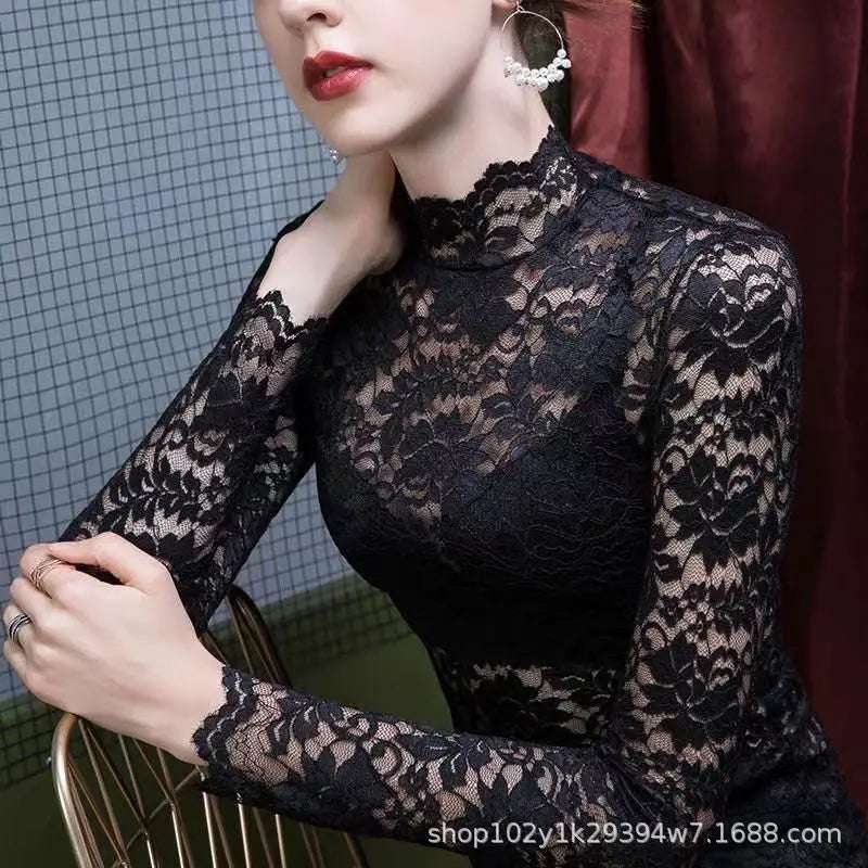 Half High Collar Lace Women Long Sleeve Undershirt Autumn Winter Gorgeous Mesh Hollow Out Floral Print Slim Fit Stylish Top