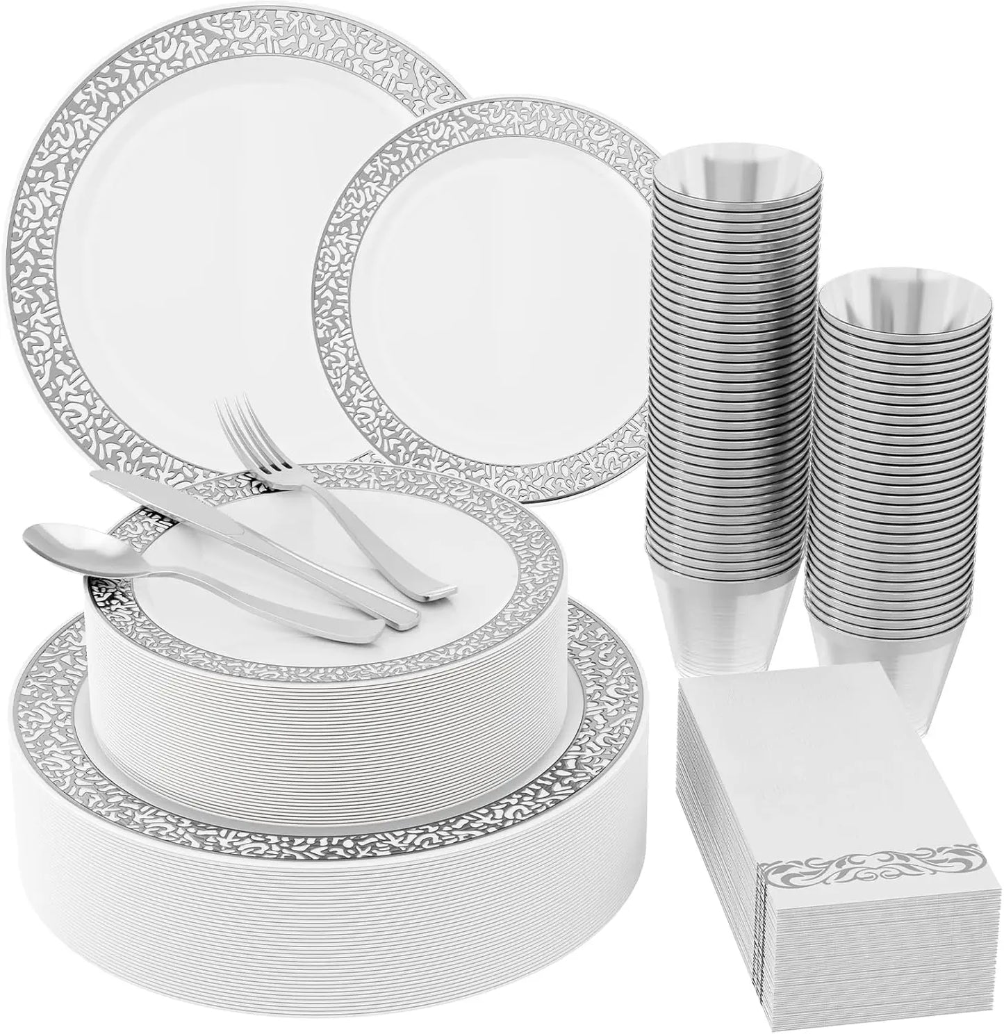 210 Count Silver Plastic Dinnerware Set With 30 Plates, Cups, Napkins & Silverware For Parties