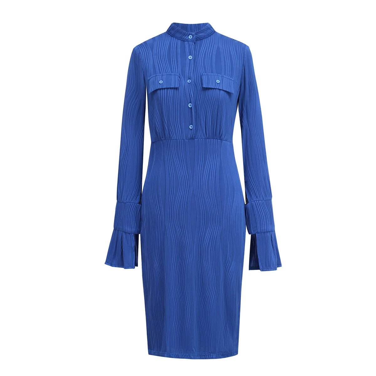 Royal Blue Stretchy Vertical Texture Dress Stand Collar Placket Bell S