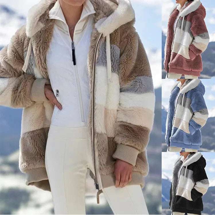 Stun robes Jacket for WoMen's 2023 New Autumn Winter Warm Plush Pocket Hooded Streetwear Loose Lady Outerwear Coat Roupas Feminine
