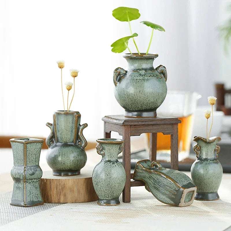 1PC Hydroponics Chinese-style Living Room Decoration Ceramic Small Vase Green Retro Flower Vase Crafts Tabletop Ornament Jar