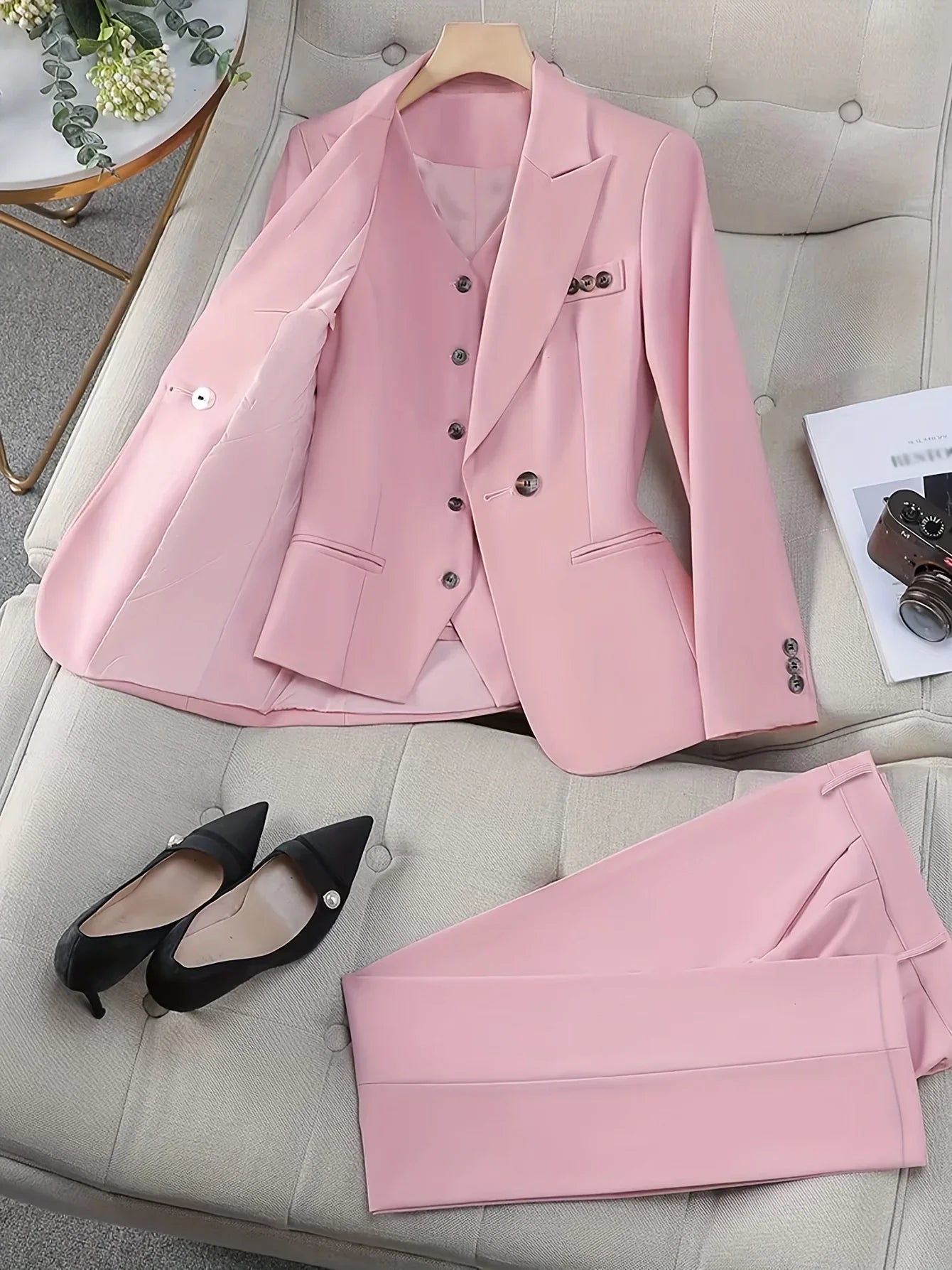 Urban elegant commuter business Women vest suit jacket and trousers set solid color office Women business work professional