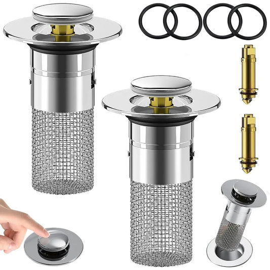 2Pcs Bathroom Sink Stopper Hair Catcher, Pop Up Sink Drain Filter with Removable Stainless Steel Filter Basket Hair Catcher
