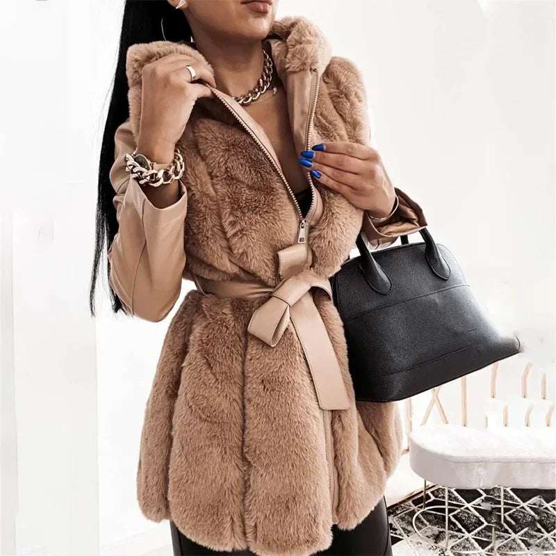 Zip Jacket Outwear Clothing Long Sleeve Fur Jacket Women Belt Hooded Solid Color Winter Keep Warm Fashion Faux Leather Jackets