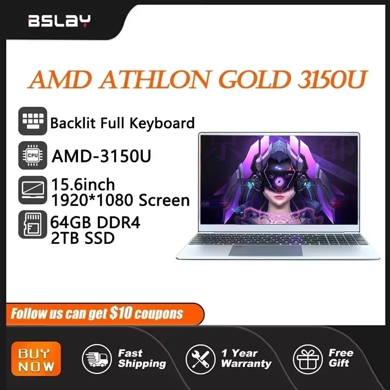 AMD-3150U 15.6 inch Laptop 64GB RAM 2TB SSD DDR4 Win11 HD Camera Foldableerprint Unlock Backlit Keypad Portability Gaming Computer