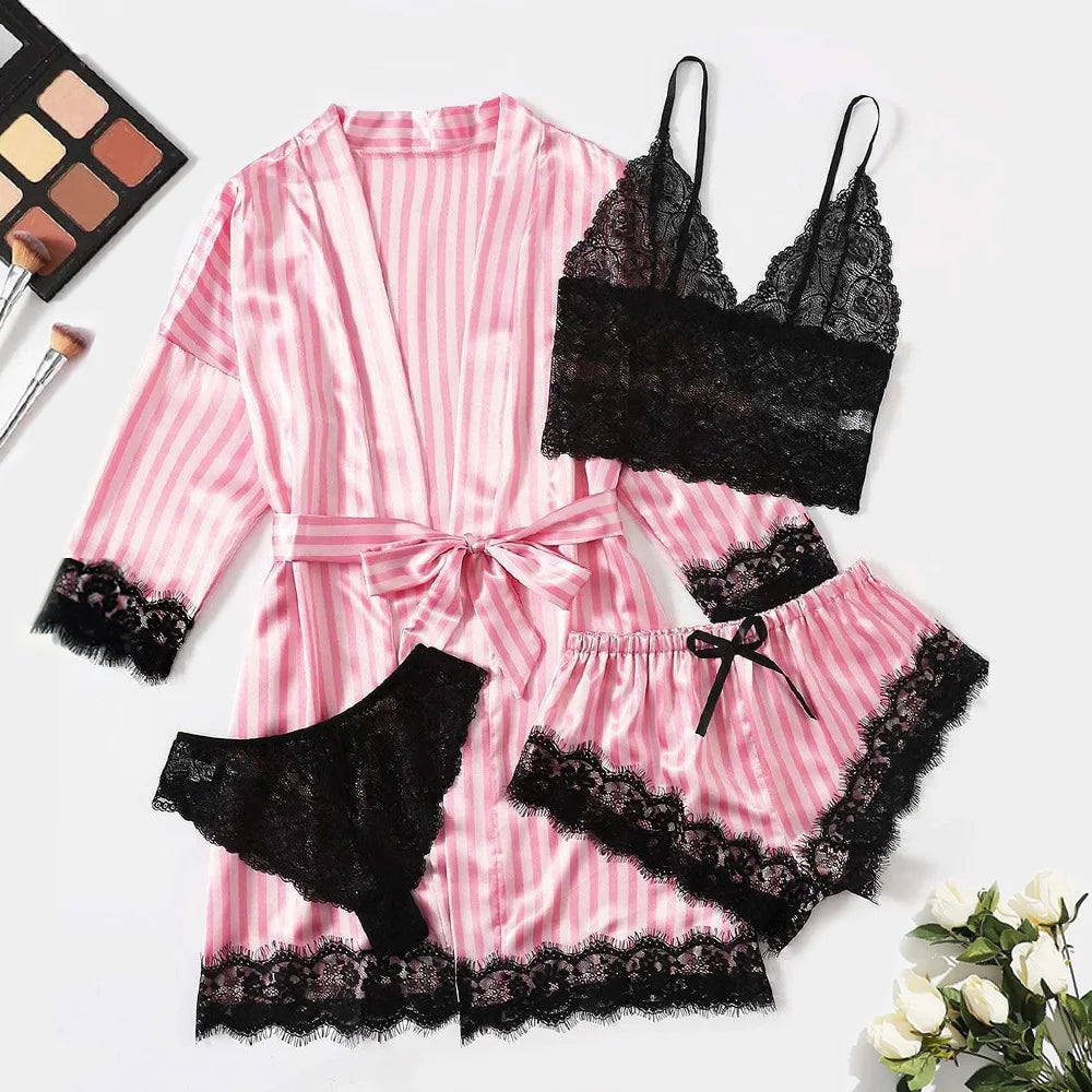 WoMen Fashion Pajama Print Gorgeous Lace Trim Faux Silk Satin Pajama Set Gown Skin Friendly Comfort Loungewear Gorgeous Pajamas