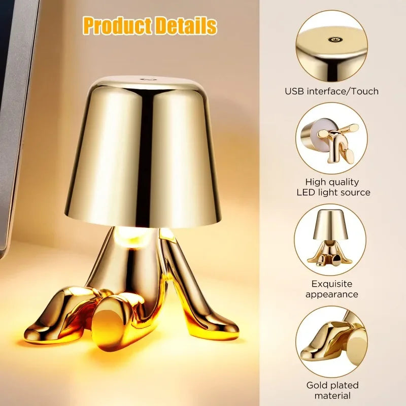 Bedside Touch Control Table Lamp, Thinker Golden Man Statue LED Table Lamp, USB Rechargeable, 3-Speed Dimmer, Home Living Room