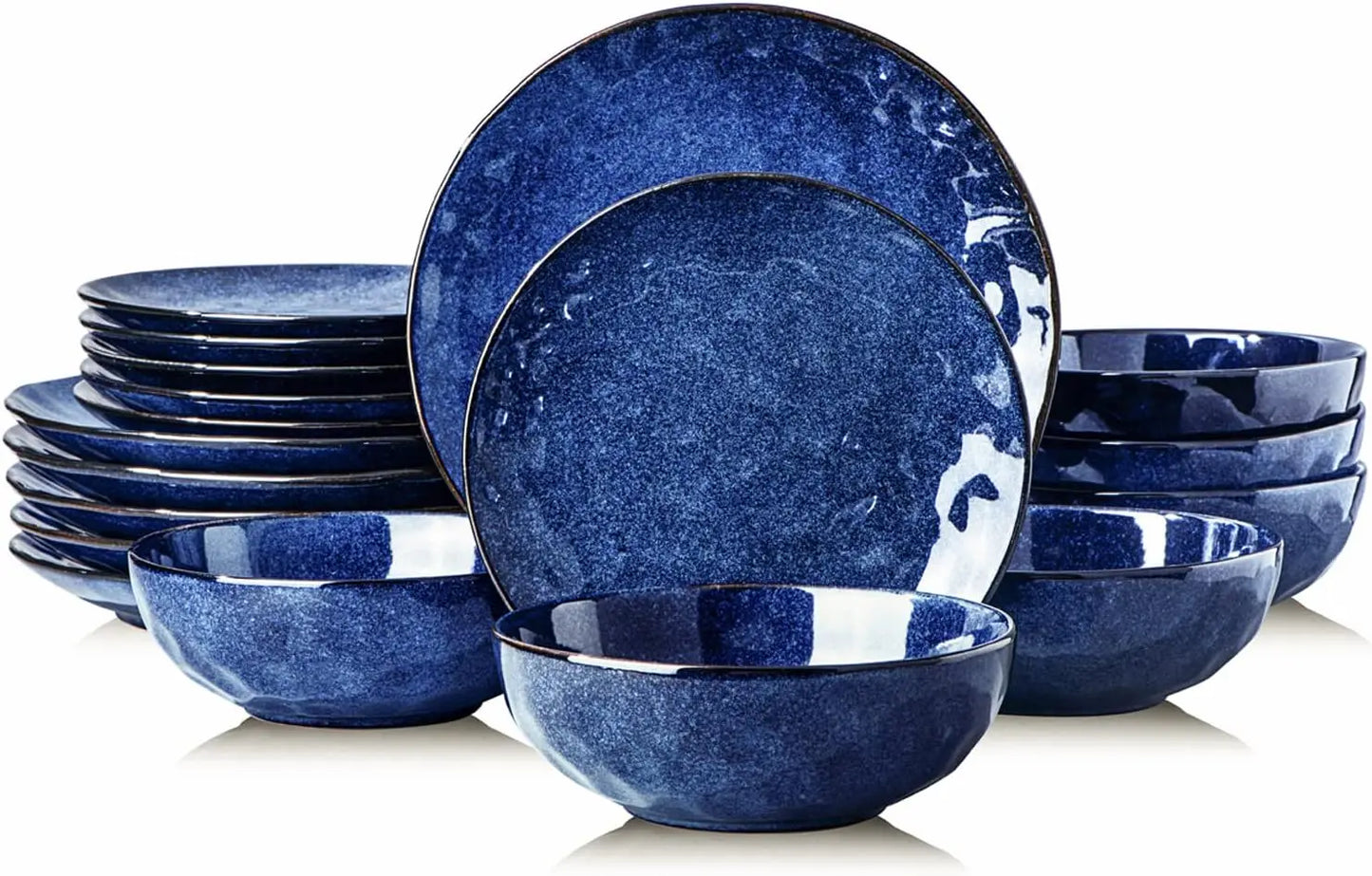 18-Piece Ceramic Dinnerware Set, Fluted Plates & Bowls, Microwave/Dishwasher Safe, Blue