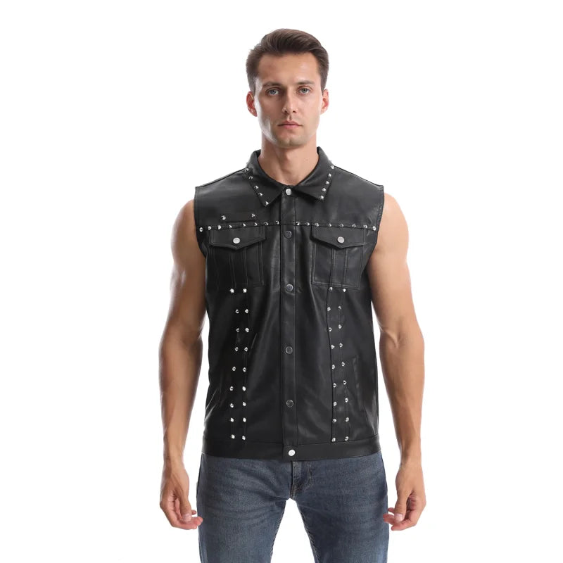 Men's Fashion Punk Style Leather Vest With Rivet High Streetwear Faux Leather Waistcoat For Male Sleeveless Coat
