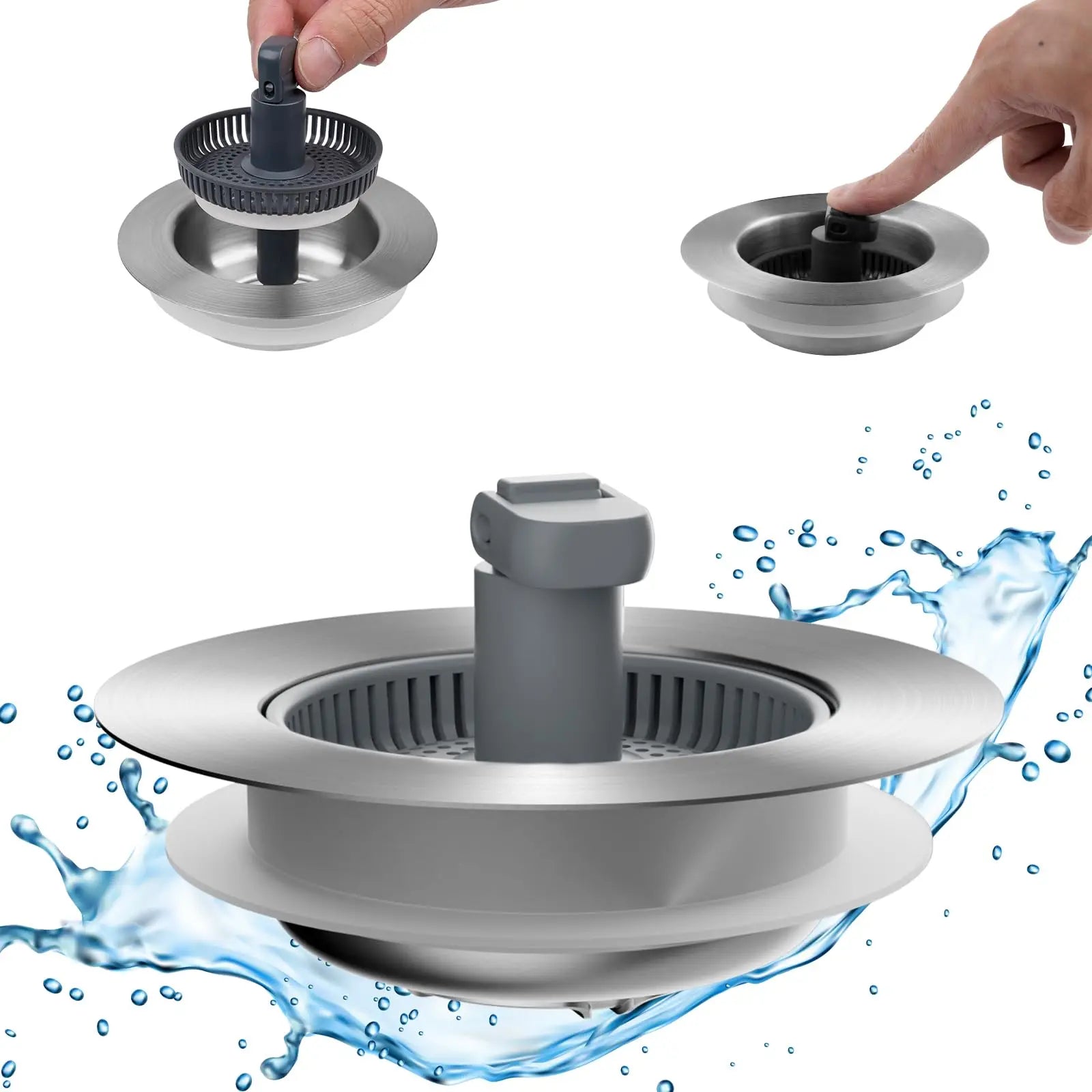 Upgraded 3 in 1 Kitchen Sink Drain Strainer and Stopper Combo, Stainless Steel Metal Pop Up Sink Stopper, Anti-Clogging Basket w