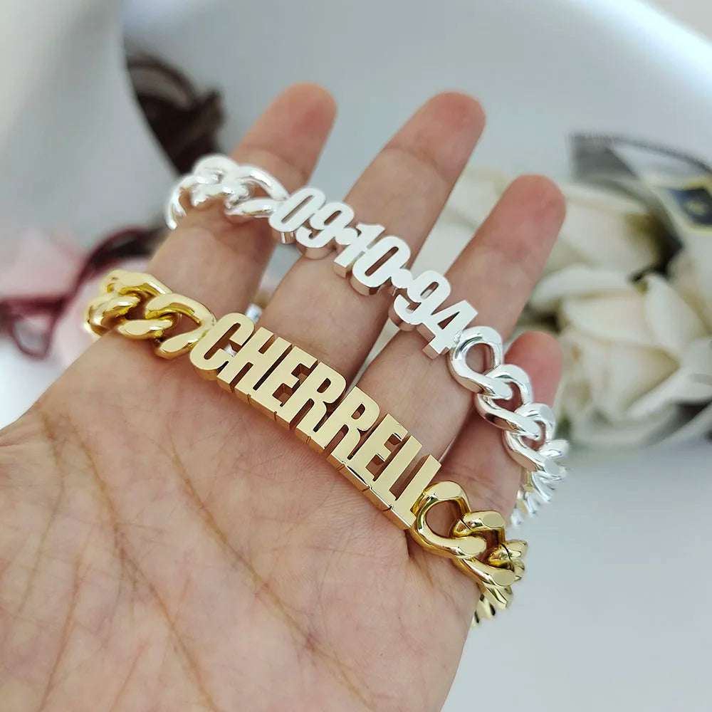 DODOAI Fashion Customized Name Bracelet Stainless Steel Personalize 10MM Cuban Chain Letter Bracelet Women Men Family Gift