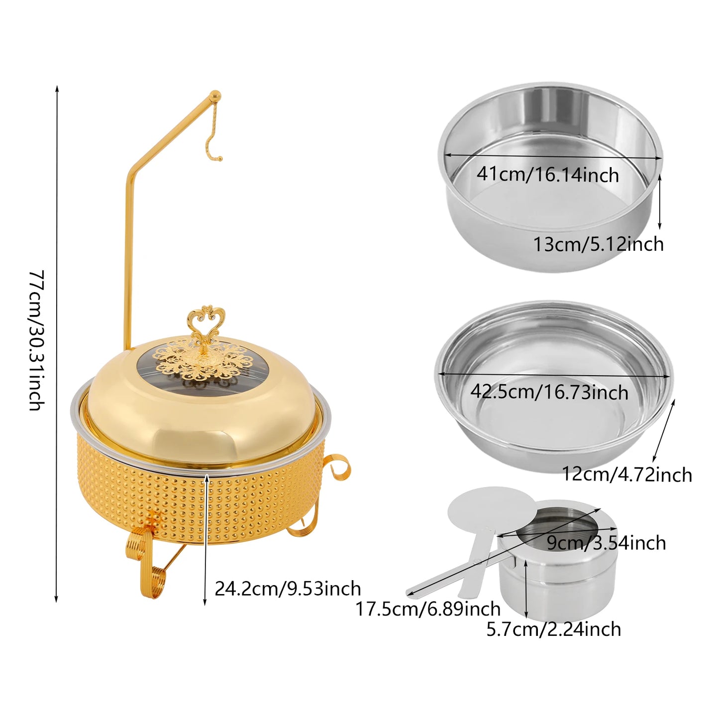 10L Large Gold Stainless Steel Round Hanging Food Warmer Chafing Dish Buffet Food Warmer Alcohol For Wedding Hotel Brunch Party