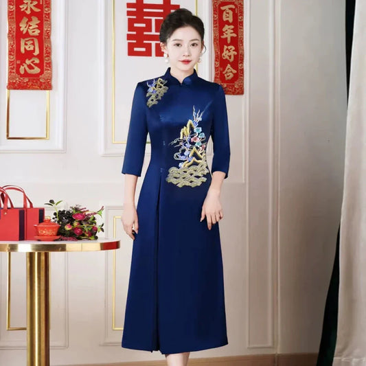 24-Joyful Spring Autumn High-End Acetate Cheongsam Wedding Dress New Style Women Traditional Elegant Gown