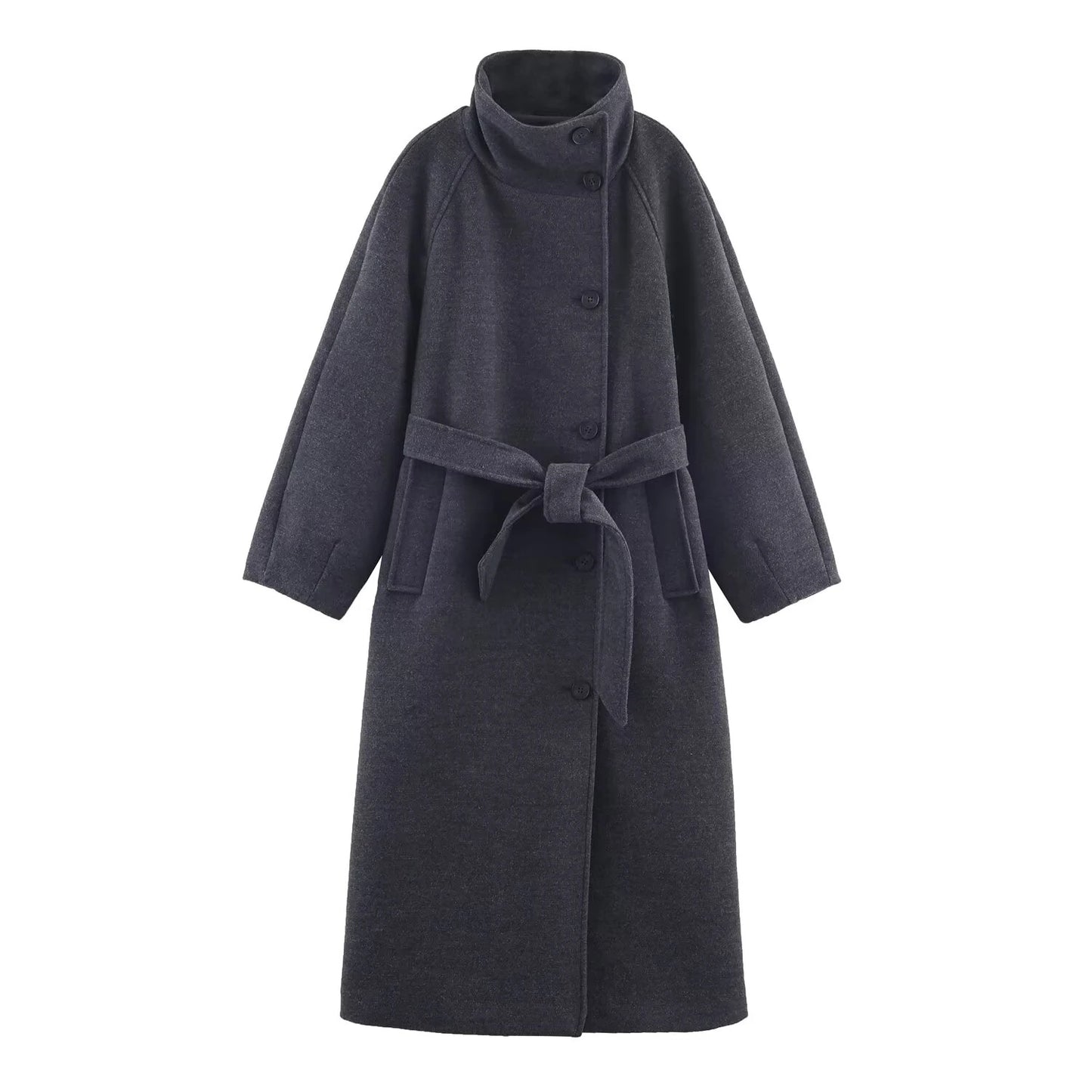 European and American style Women clothing new fashion versatile solid color long sleeved stand up collar belt coat jacket