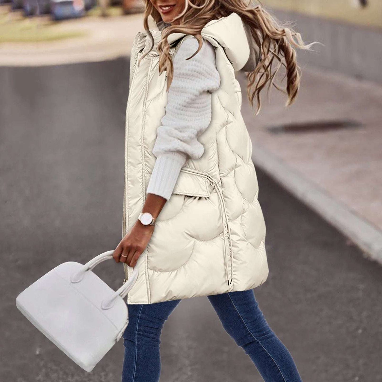 Women'S Long Vest Coat Quilted Faux Down Filled Hooded Autumn Winter Thickened Insulation Clothes Pure Color Loose Casual Jacket