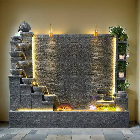 6.6-foot Outdoor Rockery Concrete Fountain, Retro Courtyard Garden Home Decoration, Large Outdoor Fountain and Waterfall