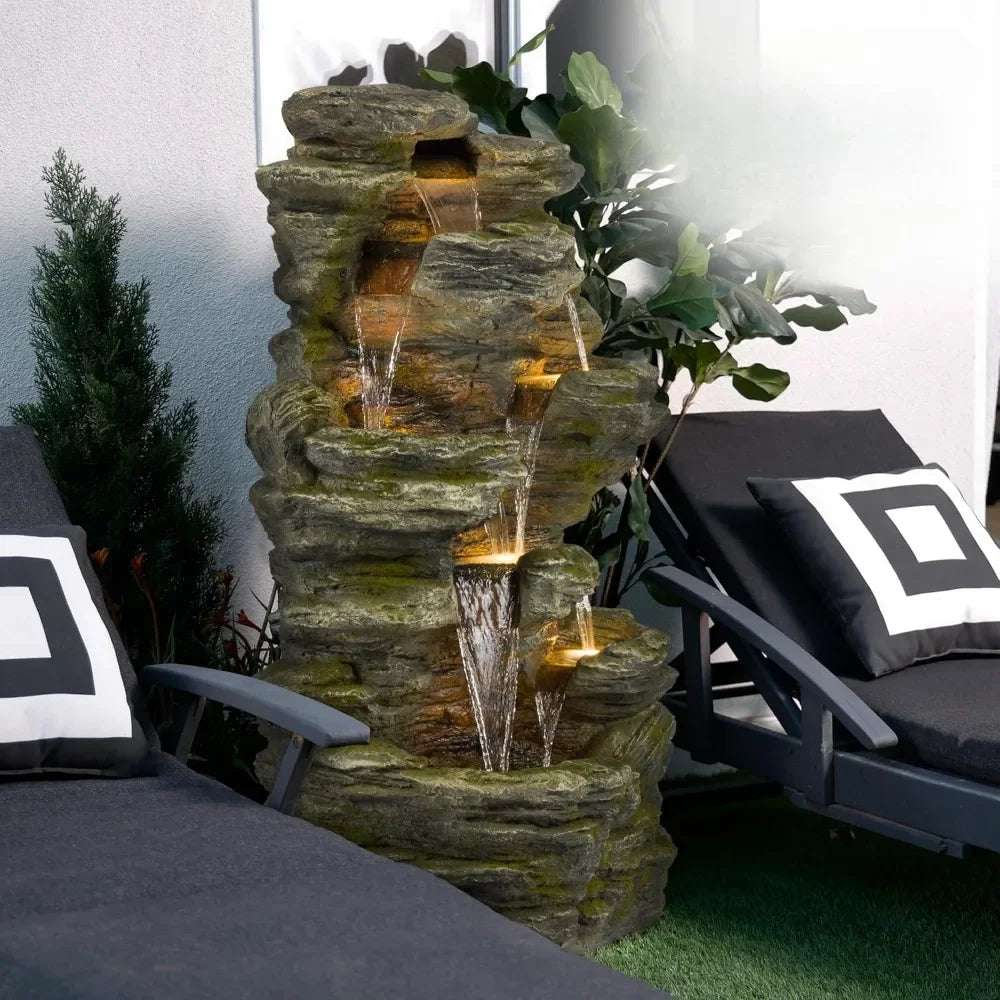 51 inch layered rock fountain with LED lights, suitable for lawn gardens, outdoor ground waterfall rock fountains