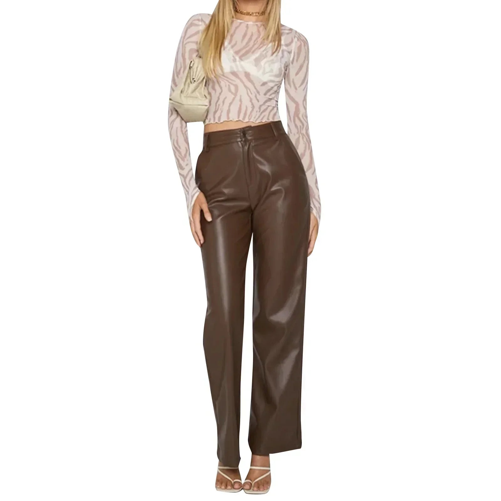 Women Casual Loose Fit Trousers with Pockets High Waist Solid Color Straight-leg Pants in Brown Black Combination
