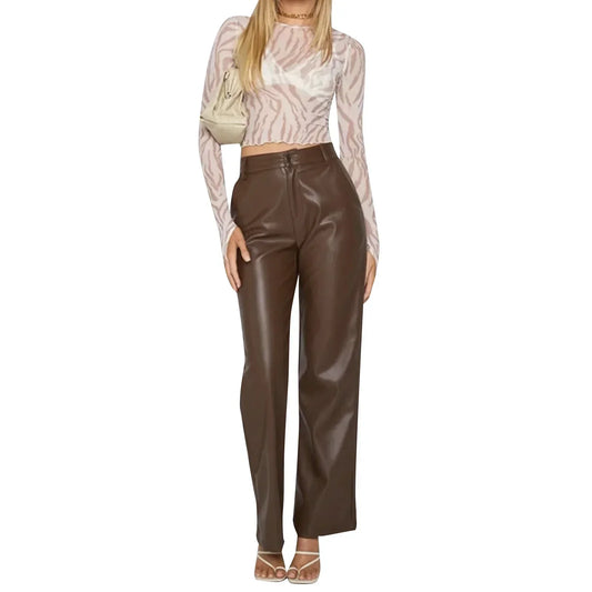 Women Casual Loose Fit Trousers with Pockets High Waist Solid Color Straight-leg Pants in Brown Black Combination