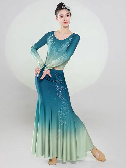 Chinese Traditional Dai Dance Dress Girls Women Dai National Fan Dance Costume Long Mermaid Peacock Costume Peacock Dance Dress