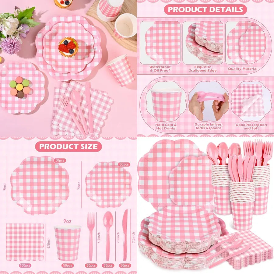 400 Pcs Gingham Party Supplies For 50 Guests Pink And White Scalloped Paper Plates And Napkins Knives Spoons Forks Cups Disposa