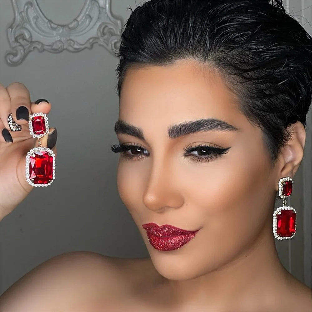 Stonefans Red Crystal Dangel Earrings for Women Wedding Square Rhinestone Drag Queen Earrings  2023 Fashion Ear Jewelry