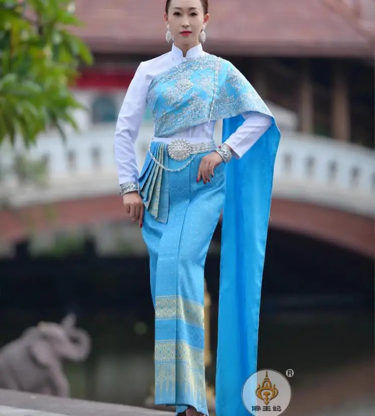 Traditional Thai Clothing For Women Autumn and Winter Stand Up Collar Long Sleeved Long Skirt