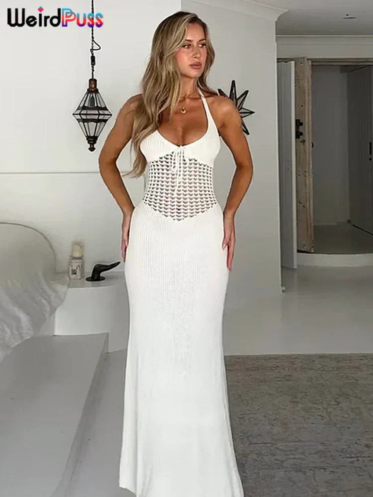 Weird Puss Crochet Sheer Women's Dress Halter V Neck Backless Bandage Elastic Sheath Robe 2024 Summer Vacation Dating Bodycon