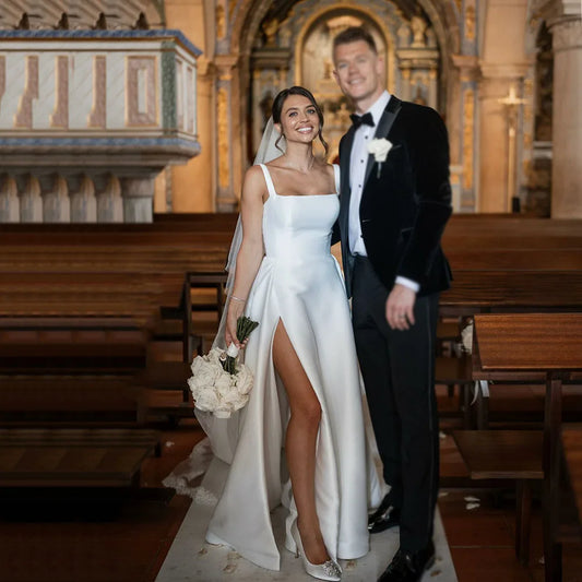 Elegant Gorgeous Split Wedding Gown For Brides Simple Backless Wedding Party Dress Satin Spaghetti Straps Bridal Dress Customized