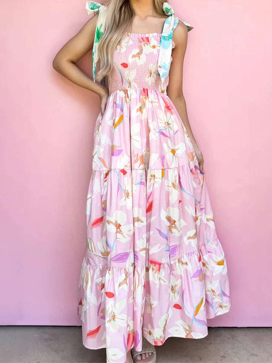 Women'S Boho V-Neck Maxi Dress With Ruffle Hem And Adjustable Spaghetti Straps For Summer Beach Wedding Party Casual Wear