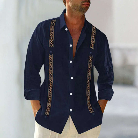 Men'S Fashion Long Sleeved Shirt Cuban Trend Beach Top Pocket 2024 Business Solid Pimp Guabella Shirt Loose TopsBlouse