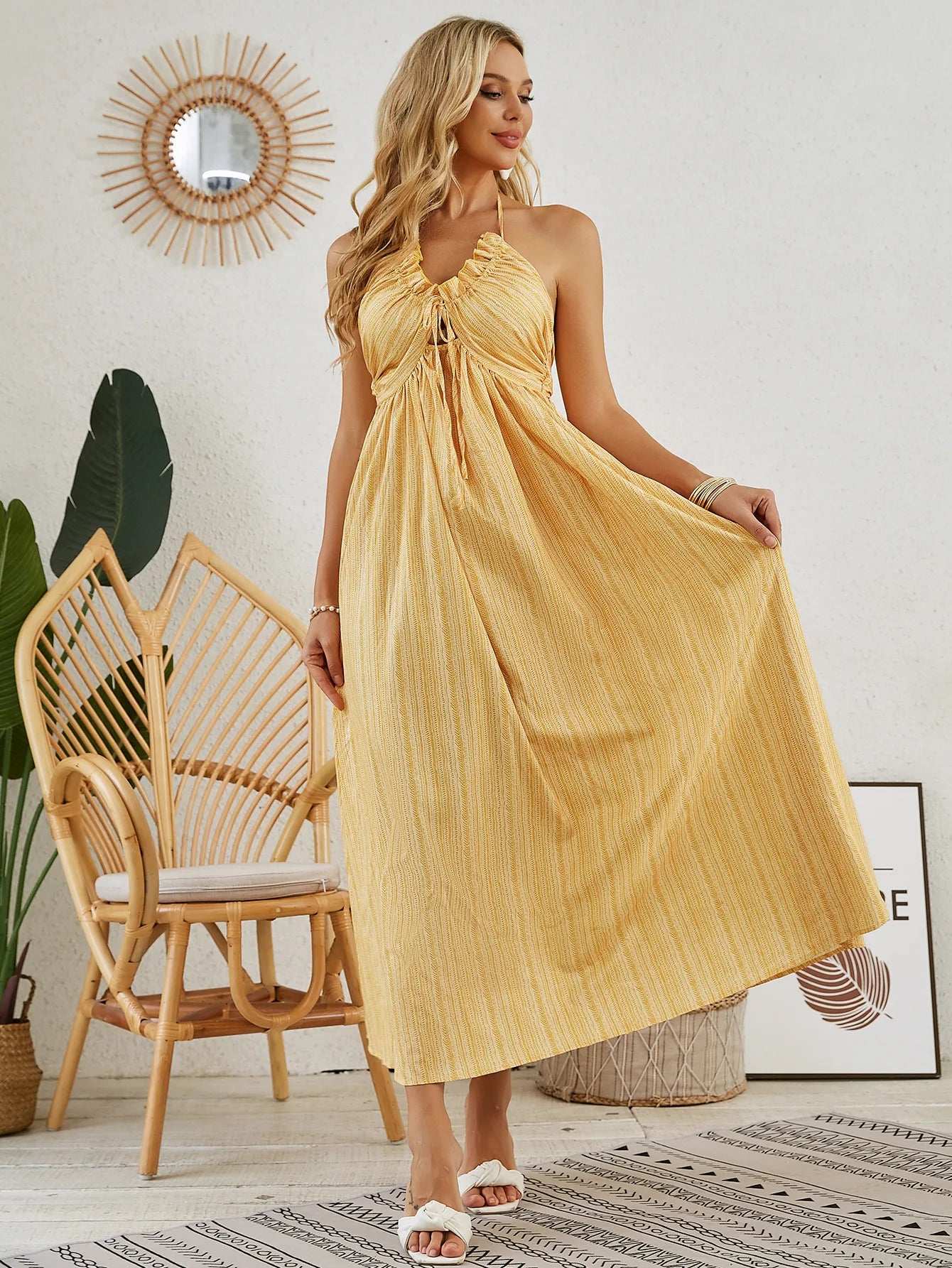 Summer Sleeveless Flowy Beach Dress Bohemian Halter Maxi Dress - Women'S