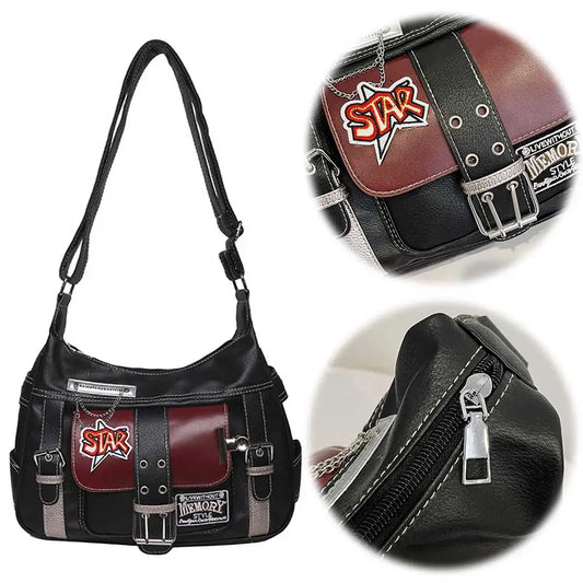 Women PU Leather Punk Shoulder Bag Y2K Crossbody Bag Zipped Handbag Strap Adjustable Hobo Bag for Vacation Travel Commuting