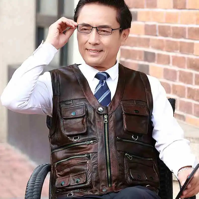 Cowhide Genuine Leather Vest Men Brown Waistcoat Male Sleeveless Jacket Thick H