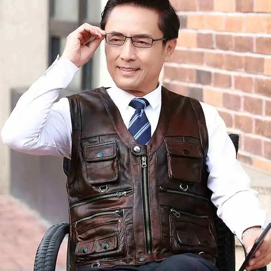 Cowhide Genuine Leather Vest Men Brown Waistcoat Male Sleeveless Jacket Thick H