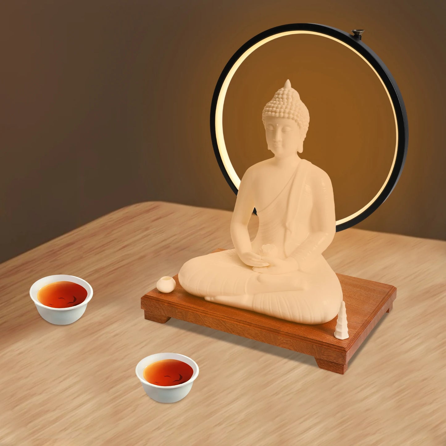 Ceramic Buddha Statue W/ Led Halo, Adjustable 6-Level Dimming, 16-In Meditation Figure, Wood Base, Zen Home Decor, Accent Light