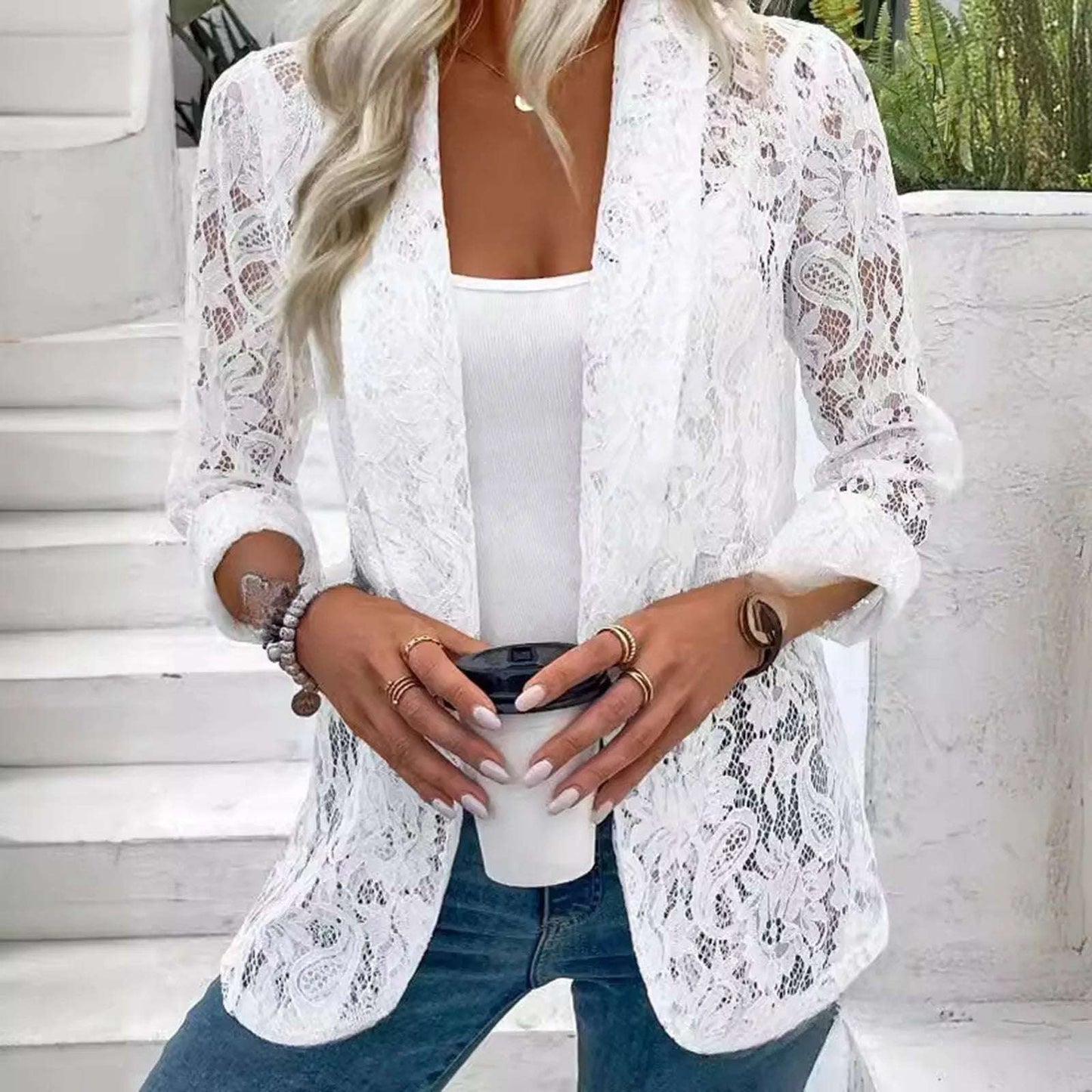 White Lace Hollow Out Women'S Suit Coat Solid Open Stitch Blazers Outdoor Formal Business Jackets Lightweight Office Ladies Coat