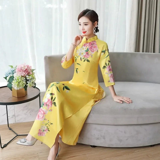 Oriental Elegant Slim Qipao Women Modern National Style China Costume Chinese Traditional Retro Banquet Dress Print Ao Dai Dress
