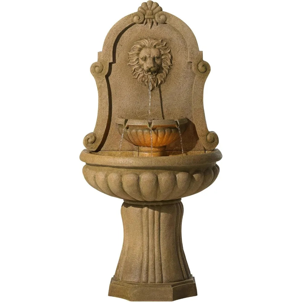 Savanna Lion Head Roman Outdoor Water Wall Fountain 58" With Led Light Tiered Cascading For Garden Patio Backyard Deck Home